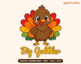 Archivo SVG PNG DTF de pavo gigante, diseño de camiseta infantil de Acción de Gracias (descarga digital)