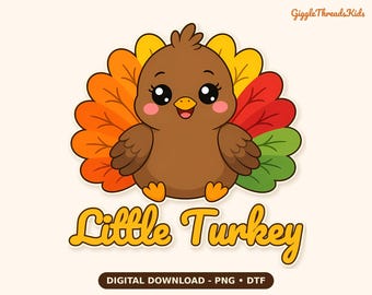 Diseño de camiseta de Acción de Gracias con un pequeño pavo, plumas de hojas de otoño, listo para transferencia digital (descarga digital).