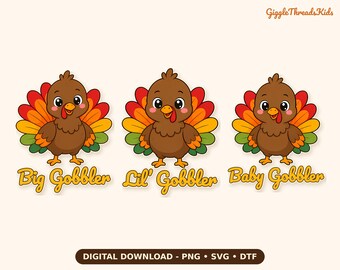 Paquete de archivos SVG de pavos hermanos para Acción de Gracias, archivos PNG DTF de pavos grandes y pequeños (descarga digital)