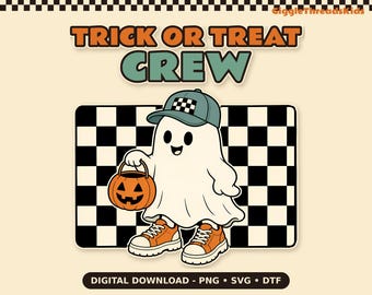 Diseño de camiseta retro de fantasma de Halloween, Trick or Treat Crew SVG PNG (Descarga digital)