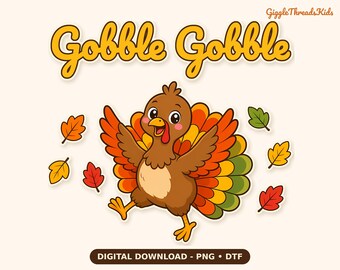 Diseño de camiseta de Acción de Gracias con pavo bailarín, hojas de otoño, ¡Glu glu! (Descarga digital)