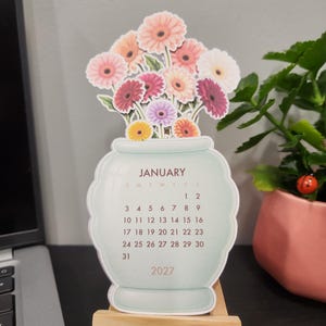 2027 Stackable Vase Calendar, Personalized Floral Desk Calendar, Custom Message Cover, Handmade Paper Calendar Gift, Wooden Easel