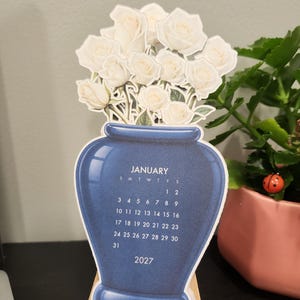 Personalized 2027 Vase Calendar, Blue Vase with White Roses, Custom Anniversary Gift, Stackable Floral Desk Calendar, Handmade Gift