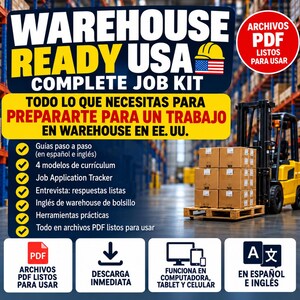 Puede incluir: Un kit de empleo digital titulado WAREHOUSE READY USA COMPLETE JOB KIT con un icono de casco amarillo y la bandera de EE. UU. El texto detalla recursos en PDF para trabajar en almacenes, incluyendo guías y plantillas en inglés y español.