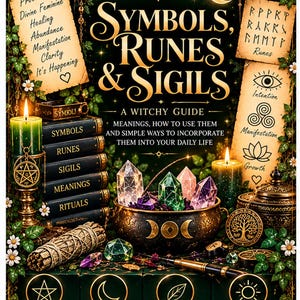 May include: A book cover titled Symbols, Runes & Sigils: A Witchy Guide by Ebony's Witchy Woo Woo. The dark green design features a stack of books, a cauldron filled with colourful crystals, lit candles, sage, and various mystical symbols and text.