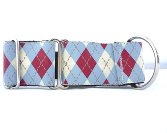 1.5" wide blue argyle martingale dog collar- dapper dog collar