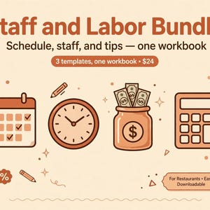 Puede incluir: Un libro de trabajo digital titulado Staff and Labor Bundle con iconos de calendario, reloj, tarro de dinero y calculadora. El texto dice Schedule, staff, and tips — one workbook, 3 templates, one workbook y For Restaurants • Easy Downloadable.