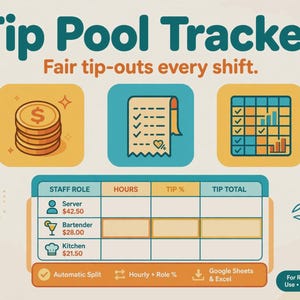 Könnte beinhalten: Eine digitale Tip Pool Tracker Vorlage mit dem Text 'Tip Pool Tracker' und 'Fair tip-outs every shift.' Sie enthält Symbole für Münzen, eine Checkliste und ein Raster sowie eine Tabelle für Mitarbeiterrollen, Stunden und Trinkgeldanteile.