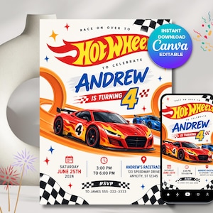Puede incluir: Una plantilla de invitación de cumpleaños con temática Hot Wheels que muestra un coche de carreras rojo, una pista naranja y banderas a cuadros. El texto dice Race on over to celebrate Andrew is turning 4, Saturday June 25th 2024, 3:00 PM to 6:00 PM.