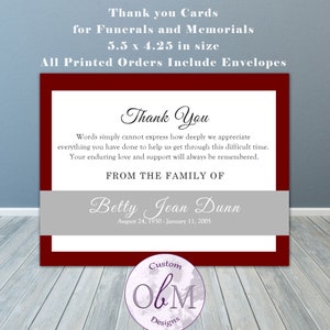 Memorial Funeral Thank you Cards | Sentiment Thank you Cards for Funeral Guests | Red Blue Gray Printed