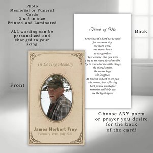 Personalized Memorial Photo Card: Celebration of Life, Funeral Prayer (Printed & Laminated)