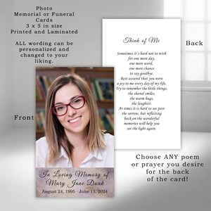 Personalized Memorial Photo Card: Celebration of Life, Funeral Prayer (Printed & Laminated)