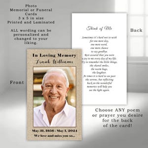 Personalized Photo Memorial Cards: Funeral Keepsake (Printed & Laminated)
