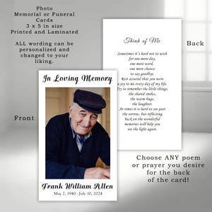 Photo Memorial Poem Prayer Cards for Funeral or Celebration of Life | Printed and Laminated