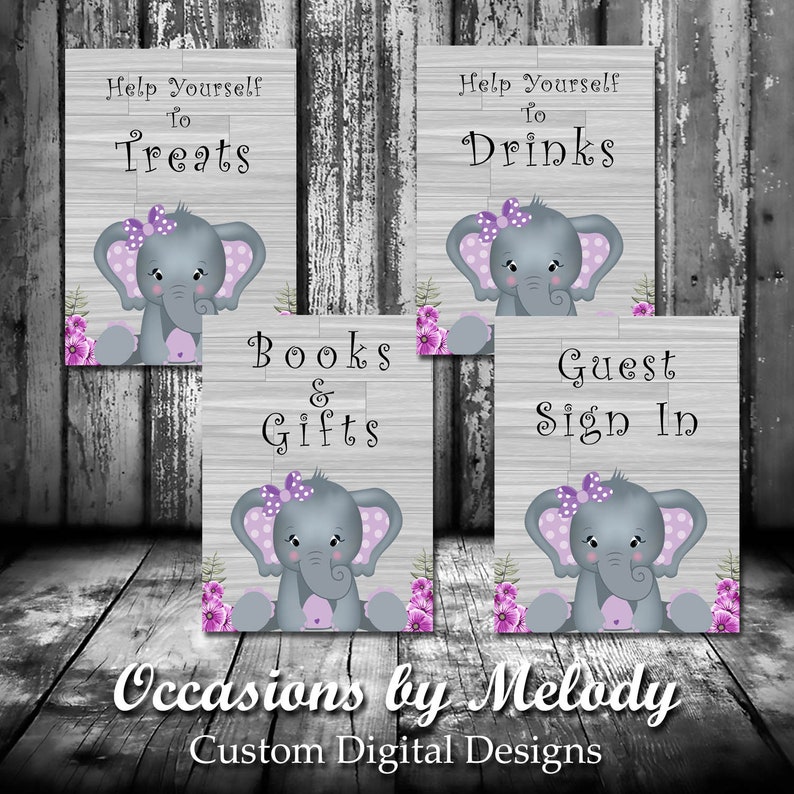 Purple Elephant Baby Shower Party Signs Decorations Shower Etsy