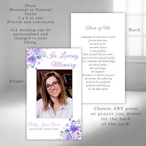 Floral Photo Memorial Card: Celebration of Life, Funeral Remembrance (Printed & Laminated)