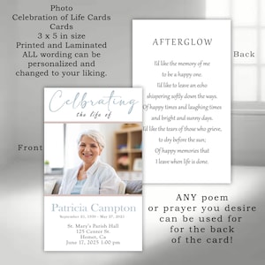 Photo Celebration of Life Funeral Memorial Cards: Prayer or Poem, Printed and Laminated