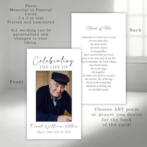 Personalized Photo Memorial Cards: Celebration of Life, Funeral Poem (Printed & Laminated)