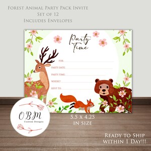 Woodland Animal Invitations Set for Birthdays, Baby or Bridal Showers | Set of 12