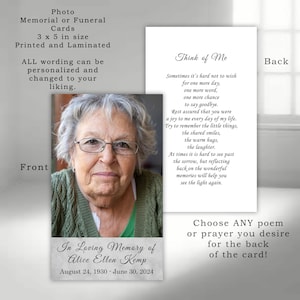 Personalized Memorial Photo Card: Celebration of Life Funeral Prayer or poem (Printed & Laminated)