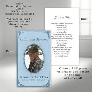 Personalized Photo Memorial Card: Celebration of Life, Funeral- Prayer or poem (Printed and Laminated)