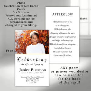 Photo Celebration of Life Funeral Memorial Cards: Prayer or Poem, Printed and Laminated
