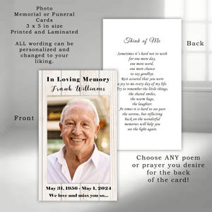 Personalized Photo Memorial Cards: Funeral Keepsake prayer or poem (Printed & Laminated)