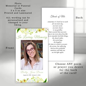 Floral Photo Memorial Card: Celebration of Life, In Loving Memory (Printed & Laminated)