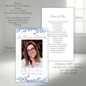 Floral Memorial Celebration of Life Card: Personalized Funeral Prayer (Printed & Laminated)