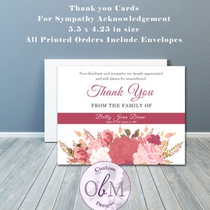 Printed Floral Funeral Thank You Cards: Sympathy Acknowledgement to guests