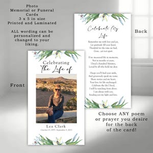 Personalized Lily Floral Memorial Prayer Card: Funeral Celebration of Life Cards- Printed and Laminated
