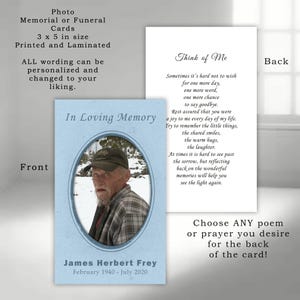 Personalized Photo Memorial Card: Celebration of Life, Funeral Prayer (Printed & Laminated)