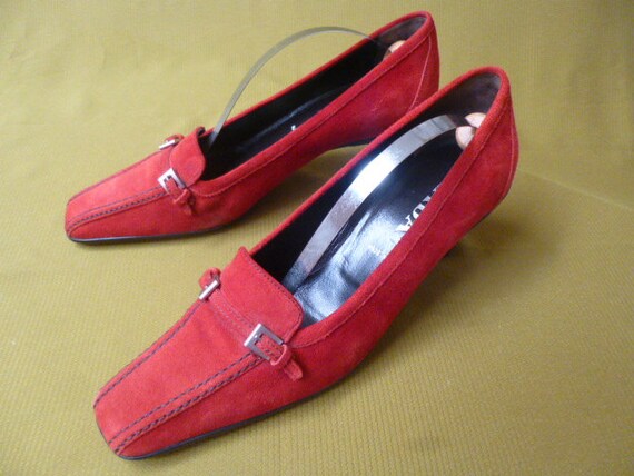 vintage prada red suede loafer heel