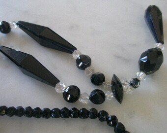 vtg black jet and crystal glass bead pendant necklace  mourning necklace