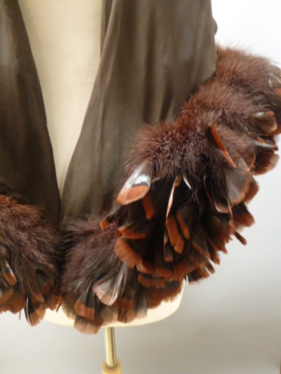 vtg 70's chiffon feather shawl boa brown feather e