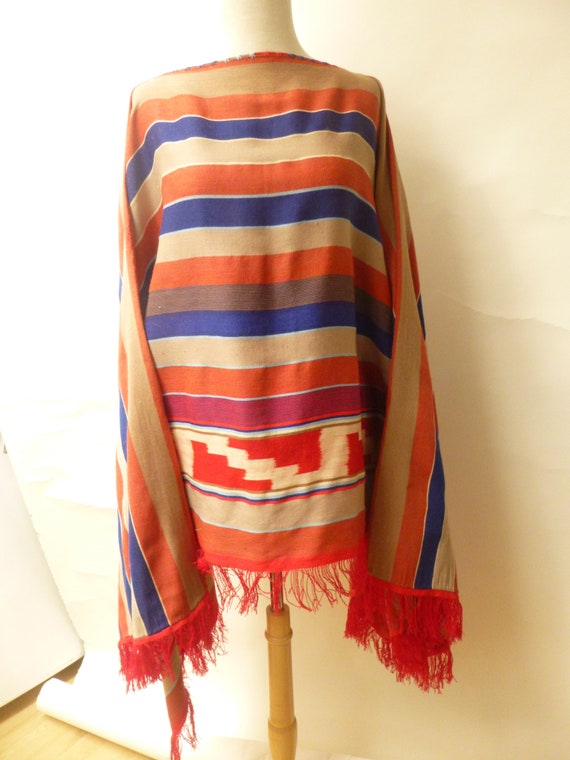 vtg fine wool serape pocho hand woven multi color