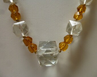 vtg 14 inch crystal choker square faceted beads amber glassbeads