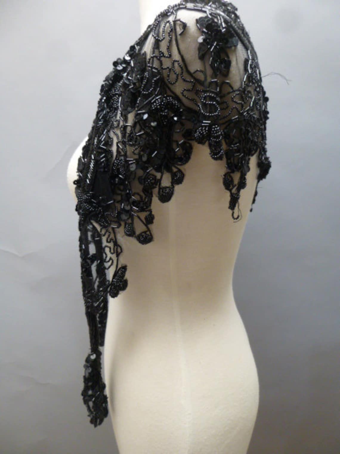 Black Beaded Shawl Vtg 70s Evening Wrap Capelet Bugle Beads Etsy UK