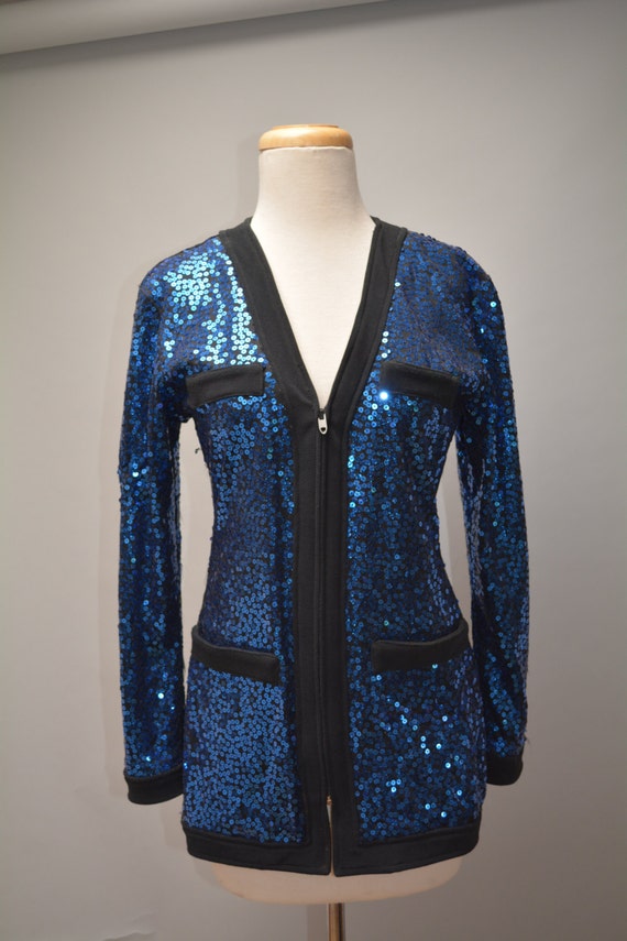 80s Tadashi black stretch and blue sequin evening