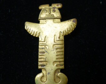 vtg stamped  brass totem pin brooch 2 inch