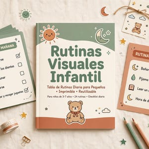 May include: A visual routine chart for children titled Rutinas Visuales Infantil, featuring a brown teddy bear, a sun, and a moon. The chart includes text about daily routines, printable and reusable features, and a checklist for ages 3-7.