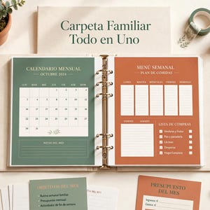 May include: An open ring binder planner titled Carpeta Familiar Todo en Uno. The left page features a monthly calendar for October 2024 in green, while the right page displays a weekly meal plan and shopping list in terracotta orange.