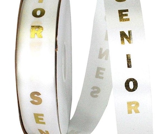 Senior Foil Bedrucktes Band - weißer Satin mit goldenen oder silbernen Druckbuchstaben | #9, Meterware