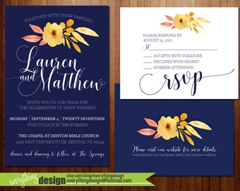 Navy and Yellow Wedding Invitations | Quick Turnaround | Full Wedding Package | Floral | Digital | Custom