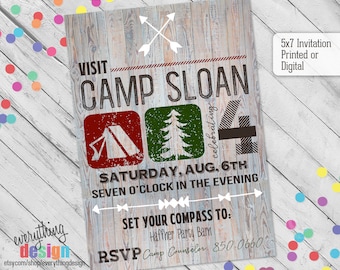 May include: A rustic wood-grain background with a red, white, and blue tent icon, a green pine tree icon, and a black number four. The text reads "Visit Camp Sloan celebrating 4 Saturday, Aug. 6th Seven O'Clock in the Evening Set Your Compass To: Haffner Party Barn RSVP Camp Counselor 850-0660".