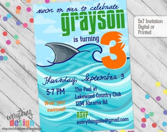 Swim Shark Birthday Invitation | Pool Party | Beach Party| Jaws Party | Digital or Printed | Custom | Free Shipping