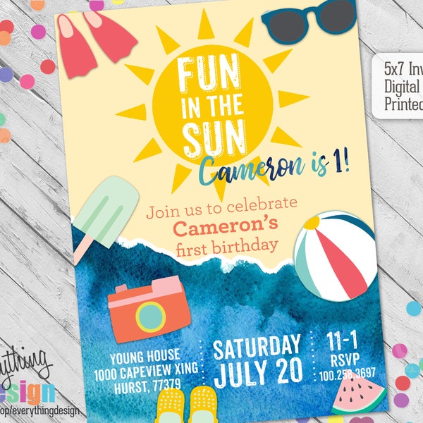Fun in the Sun Invitation | Birthday Party | Summer Party | Beach or Pool | Digital or Printed | Custom | Free Shipping