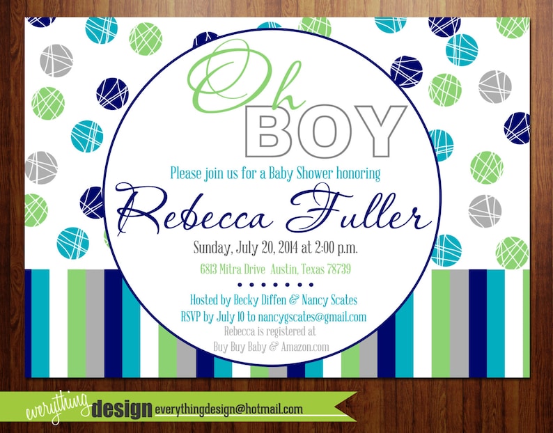 Free Shipping Dots and Stripes Oh Boy Invitation Baby Shower Custom First Birthday Digital or Printed