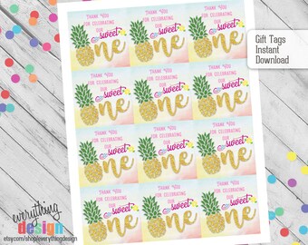 May include: Twelve printable gift tags featuring a pineapple with gold glitter and the text "Thank you for celebrating our sweet one".