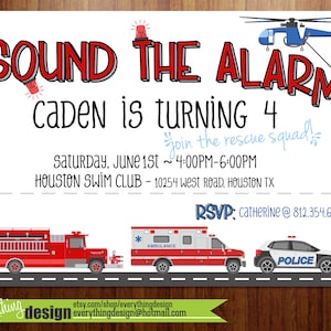Rescue Vehicle Invitation | Birthday Party | Shower | Digital | Custom | Fire, Police, Ambulance | Sound the Alarm